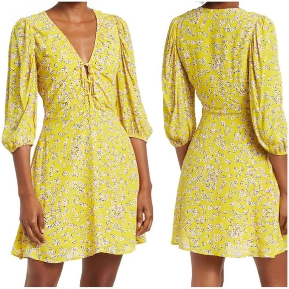 NICHOLAS | Danni Floral Tie Front Yellow Mini Dress V Neck 1/2 Sleeve - Picture 1 of 7